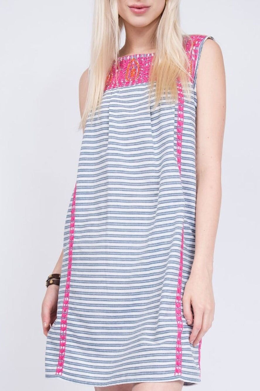 Uncle Frank Kaley Embroidered Striped Mini Shift Dress Blue, White Size L
